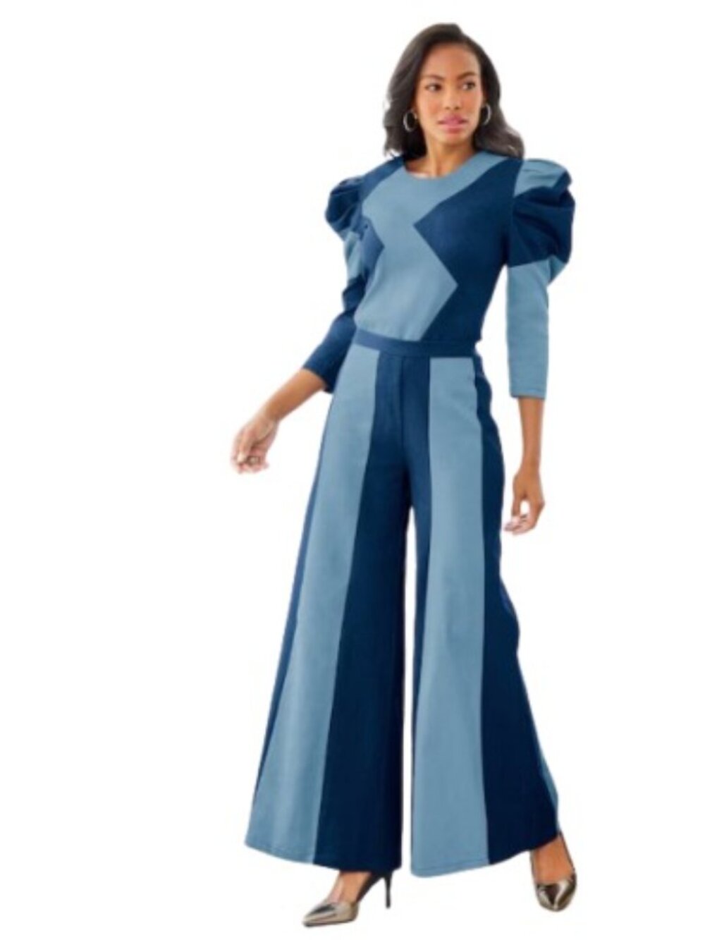 Ashro Womens Wide Leg Pant Set Blue Denim Patchwork Plus 24W